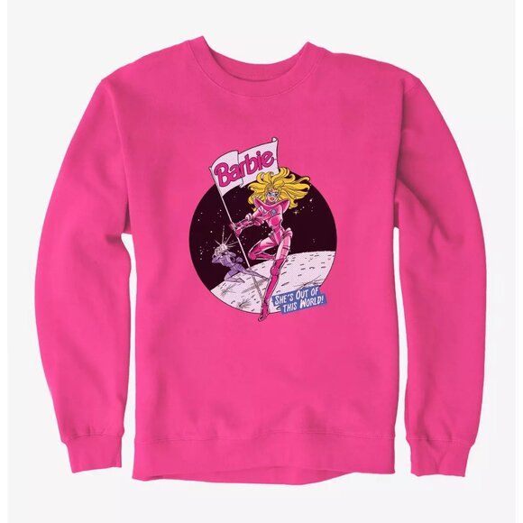 Barbie Pink Crewneck Sweatshirt She’s Out Of This World Hot Topic Moon landing - Picture 1 of 4